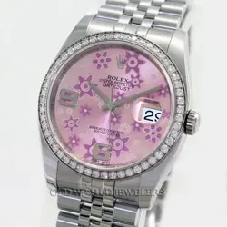ROLEX DATEJUST 116244 PINK FLOWER DIAL DIAMOND BEZEL STEEL AUTOMATIC BOX/CARD