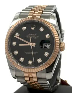 PRE-OWNED ROLEX DATEJUST 36MM BLACK DIAL - 116231 - ROSE GOLD/STEEL S106431