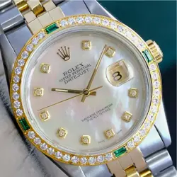 ROLEX DATEJUST MENS TWO-TONE 18KY SS WHITE MOTHER OF PEARL DIAMOND EMERALD WATCH