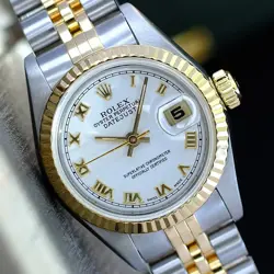ROLEX DATEJUST LADIES TWO-TONE 18KY GOLD & STEEL WHITE ROMAN W/ BOX & PAPER 26MM