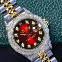 ROLEX DATEJUST WOMENS TWO-TONE WATCH RED VIGNETTE DIAMOND DIAL BEZEL LUGS 26MM