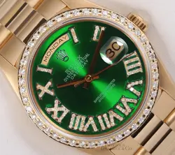 ROLEX DAY-DATE 36MM 18K PRESIDENT 18238 GREEN ROMAN DIAMOND DIAL DIAMOND BEZEL