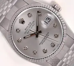 ROLEX DATEJUST 36MM STAINLESS STEEL JUBILEE SILVER DIAMOND DIAL 18K FLUTED BEZEL