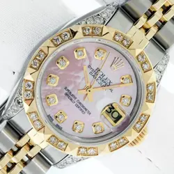 ROLEX LADIES DATEJUST PINK MOP DIAMOND DIAL STEEL - 18K GOLD DIAMOND BEZEL WATCH