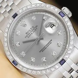 ROLEX MENS DATEJUST GRAY DIAL 18K GOLD SS DIAMOND SAPPHIRE WATCH W/ FOLDED BAND
