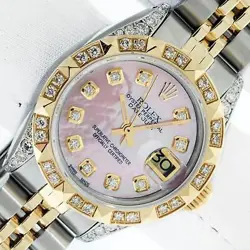 ROLEX LADY DATEJUST PINK MOP DIAMOND DIAL STEEL AND 18K GOLD DIAMOND BEZEL WATCH