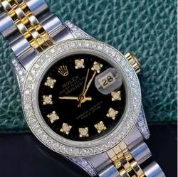 ROLEX DATEJUST LADIES TWO-TONE GOLD SS METAL WATCH BLACK DIAMOND DIAL BEZEL LUGS