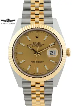 MEN'S ROLEX DATEJUST 41MM STEEL & 18K GOLD CHAMPAGNE DIAL JUBILEE BOX & CARD