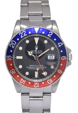 ROLEX GMT-MASTER STEEL BLUE/RED PEPSI BEZEL BLACK DIAL MENS 40MM WATCH '82 16750