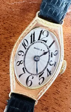 ROLEX 18K ART DECO GOLD COCKTAIL WATCH FROM 1924, FANCY DIAL, ORIGINAL BOX.