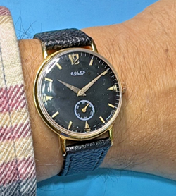 COLLECTIBLE ROLEX BLACK DIAL  18K GOLD FILLED JUST SERVICED WINDUP WATCH