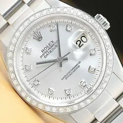 MENS ROLEX DATEJUST SILVER DIAMOND 18K WHITE GOLD BEZEL & STAINLESS STEEL WATCH
