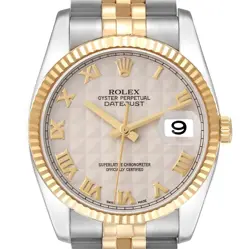 ROLEX DATEJUST STEEL YELLOW GOLD IVORY PYRAMID DIAL MENS WATCH 116233