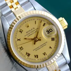 ROLEX DATEJUST LADIES TWO-TONE 18KY & STEEL WATCH CHAMPAGNE ROMAN W/ BOX PAPER