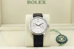 ROLEX CELLINI DATE 39MM, SILVER GUILLOCHE DIAL - 18KT WHITE GOLD ON STRAP, 50519
