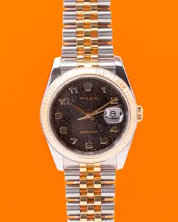 ROLEX DATEJUST 36MM 116233 BLACK ARABIC MOTIF ROULETTE TWO TONE YELLOW GOLD 2005