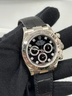 ROLEX DAYTONA 116519 BLACK DIAMOND DIAL 18K WHITE GOLD LEATHER STRAP 40MM WATCH