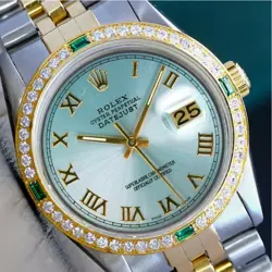 ROLEX DATEJUST WATCH MENS TWO-TONE 18KY & SS ICE BLUE ROMAN DIAMOND-EMERALD 36MM