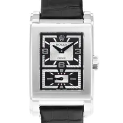 ROLEX CELLINI PRINCE 5443 28MM BLACK WHITE GOLD ARABIC LEATHER MENS WATCH 2007