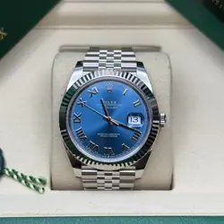 ROLEX DATEJUST 41 AZZURRO BLUE ROMAN DIAL STAINLESS STEEL FLUTED BEZEL JUBILEE