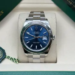ROLEX DATEJUST 41 BLUE INDEX DIAL STAINLESS STEEL FLUTED BEZEL OYSTER BRACELET
