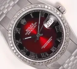 ROLEX DATEJUST 36MM STAINLESS STEEL JUBILEE RED VIGNETTE ROMAN DIAMOND BEZEL