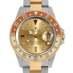ROLEX GMT MASTER II 8P DIAMOND 3P RUBY 16713RG CHAMPAGNE GOLD U NUMBER SECON...