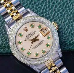 ROLEX DATEJUST LADIES TWO-TONE WHITE MOP EMERALD DIAL DIAMOND BEZEL LUGS WATCH