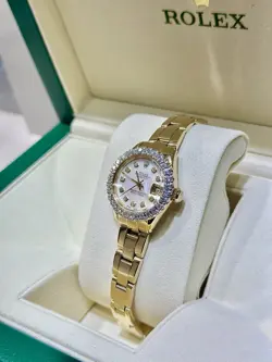 ROLEX OYSTER PERPETUAL DATEJUST 26MM 18K YELLOW GOLD MOP DIAMOND BEZEL WATCH