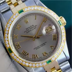 ROLEX DATEJUST WATCH MENS TWO-TONE 18KY & STEEL GRAY ROMAN DIAMOND-EMERALD 36MM