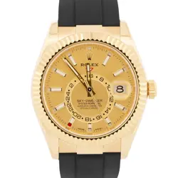 ROLEX SKY-DWELLER 18K YELLOW GOLD CHAMPAGNE OYSTERFLEX RUBBER 42MM 326238 BOX