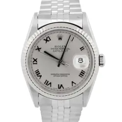 ROLEX DATEJUST SILVER ROMAN STAINLESS STEEL 18K GOLD NO-HOLES 36MM 16234 WATCH