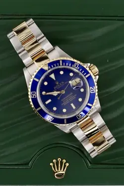 2008 ROLEX SUBMARINER 16613 NO HOLES BLUE DIAL 18K/SS 40MM WATCH COMPLETE SET!!