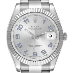 Men's Rolex 41mm DateJust Stainless Steel Watch with Silver Dial & Fluted Bezel.