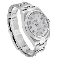 Men's Rolex 41mm DateJust Stainless Steel Watch with Silver Dial & Fluted Bezel.