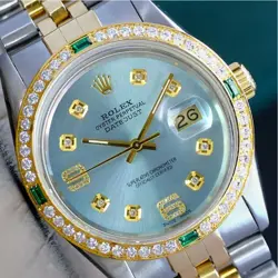 ROLEX DATEJUST WATCH MENS TWO-TONE 18KY & STEEL ICE BLUE DIAMOND-EMERALD 36MM