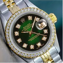 ROLEX DATEJUST LADIES WATCH TWO-TONE GREEN VIGNETTE DIAMOND 1.00CT JUBILEE 26MM