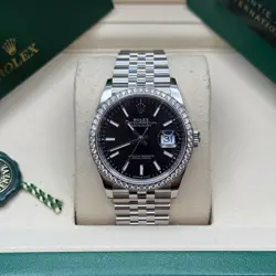 ROLEX DATEJUST 36 BLACK INDEX DIAL STAINLESS STEEL DIAMOND JUBILEE BRACELET