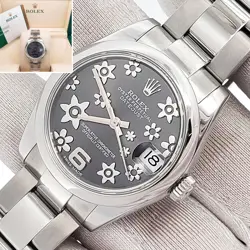 ROLEX DATEJUST MIDSIZE 31MM GREY FLORAL STEEL OYSTER WATCH 178240 BOX PAPERS