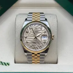 ROLEX DATEJUST 36 CHAMPAGNE PALM DIAMOND TWO TONE YELLOW GOLD FLUTED JUBILEE