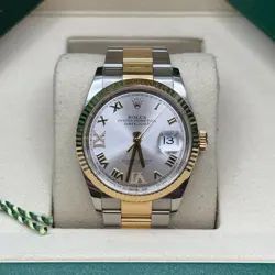 ROLEX DATEJUST 36 SILVER ROMAN 6 9 DIAMOND TWO TONE YELLOW GOLD FLUTED OYSTER