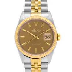 ROLEX DATEJUST TURN-O-GRAPH 16263 AUTO 36MM TAN DIAL YG FLUTED BEZEL TT BAND SS