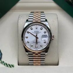 ROLEX DATEJUST 36 SILVER DIAMOND MOTIF TWO TONE EVEROSE GOLD FLUTED JUBILEE