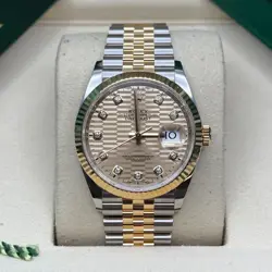 ROLEX DATEJUST 36 CHAMPAGNE INDEX PALM MOTIF TWO TONE YELLOW GOLD FLUTED JUBILEE