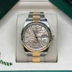 ROLEX DATEJUST 36 CHAMPAGNE INDEX PALM MOTIF TWO TONE YELLOW GOLD FLUTED OYSTER