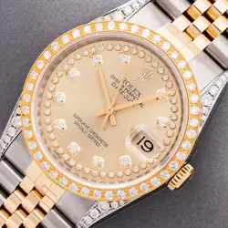 ROLEX MENS DATEJUST TWO-TONE CHAMPAGNE DIAMOND DIAL 18K GOLD DIAMOND BEZEL WATCH