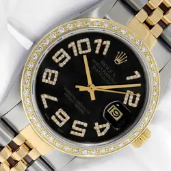 ROLEX MENS DATEJUST 2-TONE BLACK ROMAN DIAMOND DIAL 18K GOLD DIAMOND BEZEL WATCH