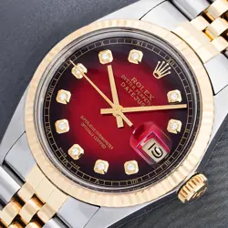 ROLEX DATEJUST 2-TONE QS RED OMBRE DIAMOND DIAL 18K GOLD FLUTED BEZEL MENS WATCH