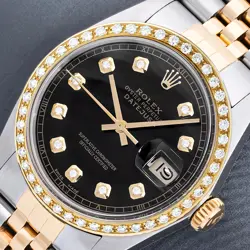 ROLEX DATEJUST TWO-TONE QS BLACK DIAMOND DIAL 18K GOLD DIAMOND BEZEL MENS WATCH