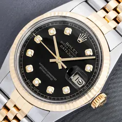 ROLEX DATEJUST TWO-TONE QS BLACK DIAMOND DIAL 18K GOLD FLUTED BEZEL MENS WATCH